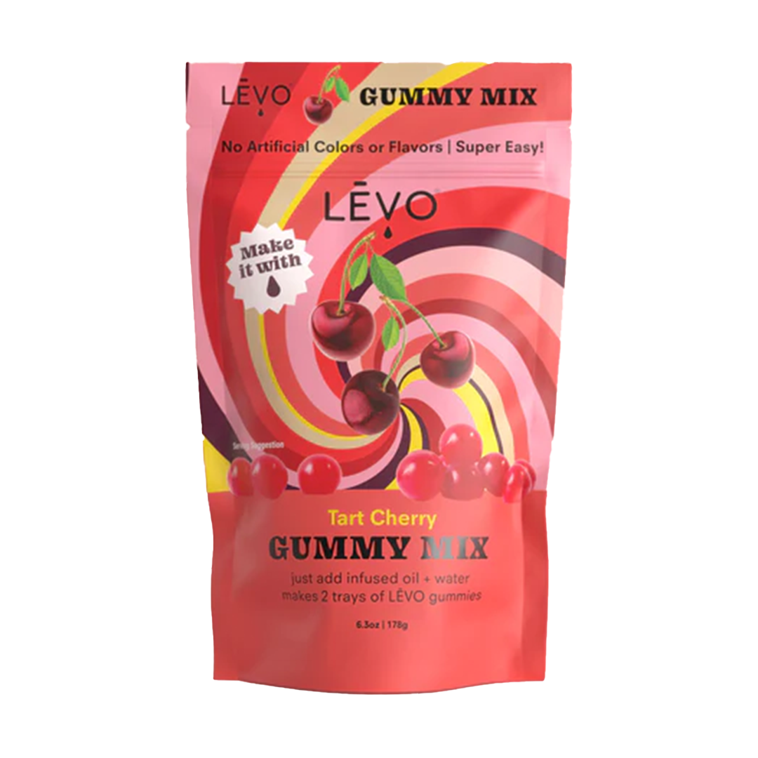 LEVO Oil Gummy Making Kit Tart Cherry Mix package front view with vibrant design