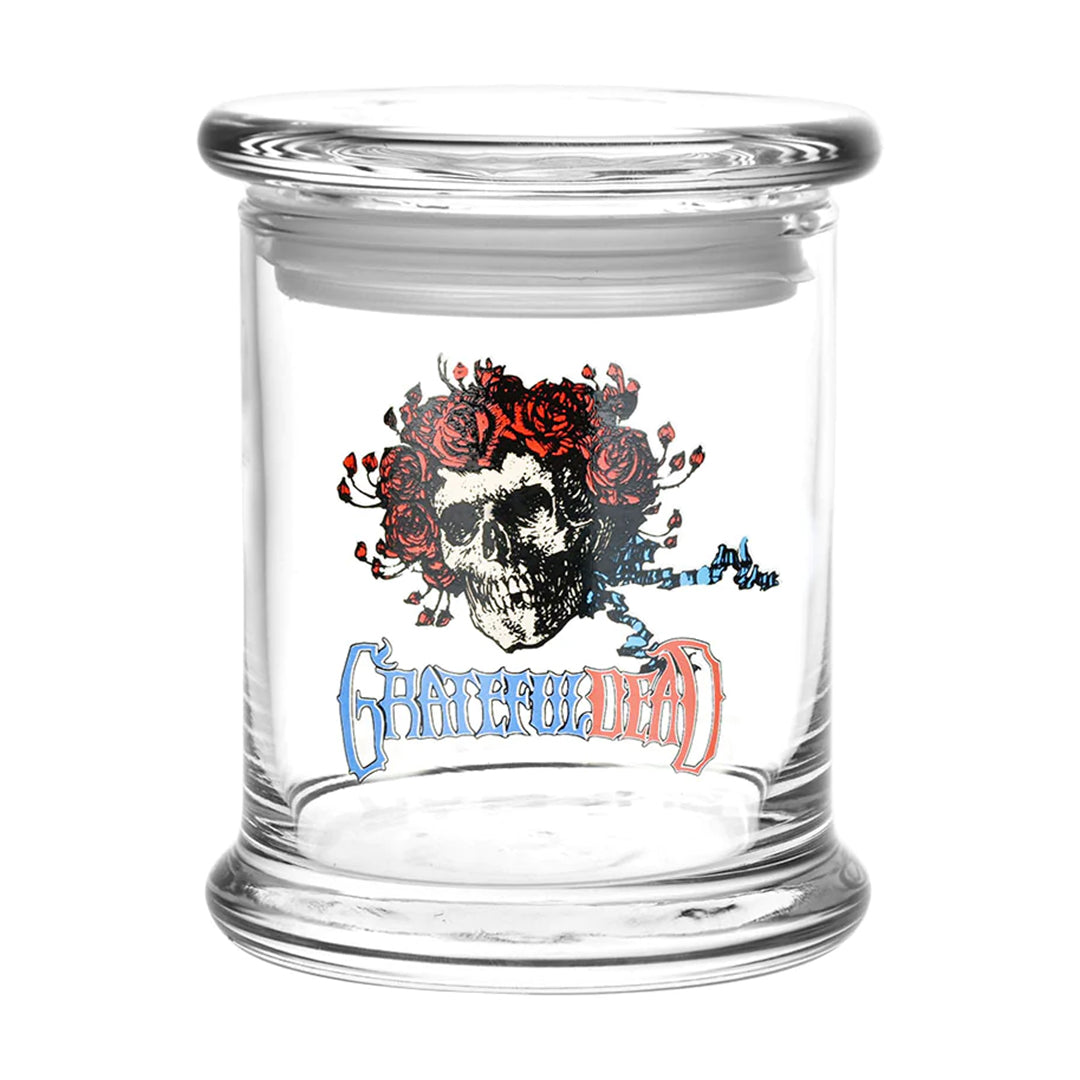 Grateful Dead x Pulsar Glass Pop Top Jar featuring Skull and Roses design - Front View