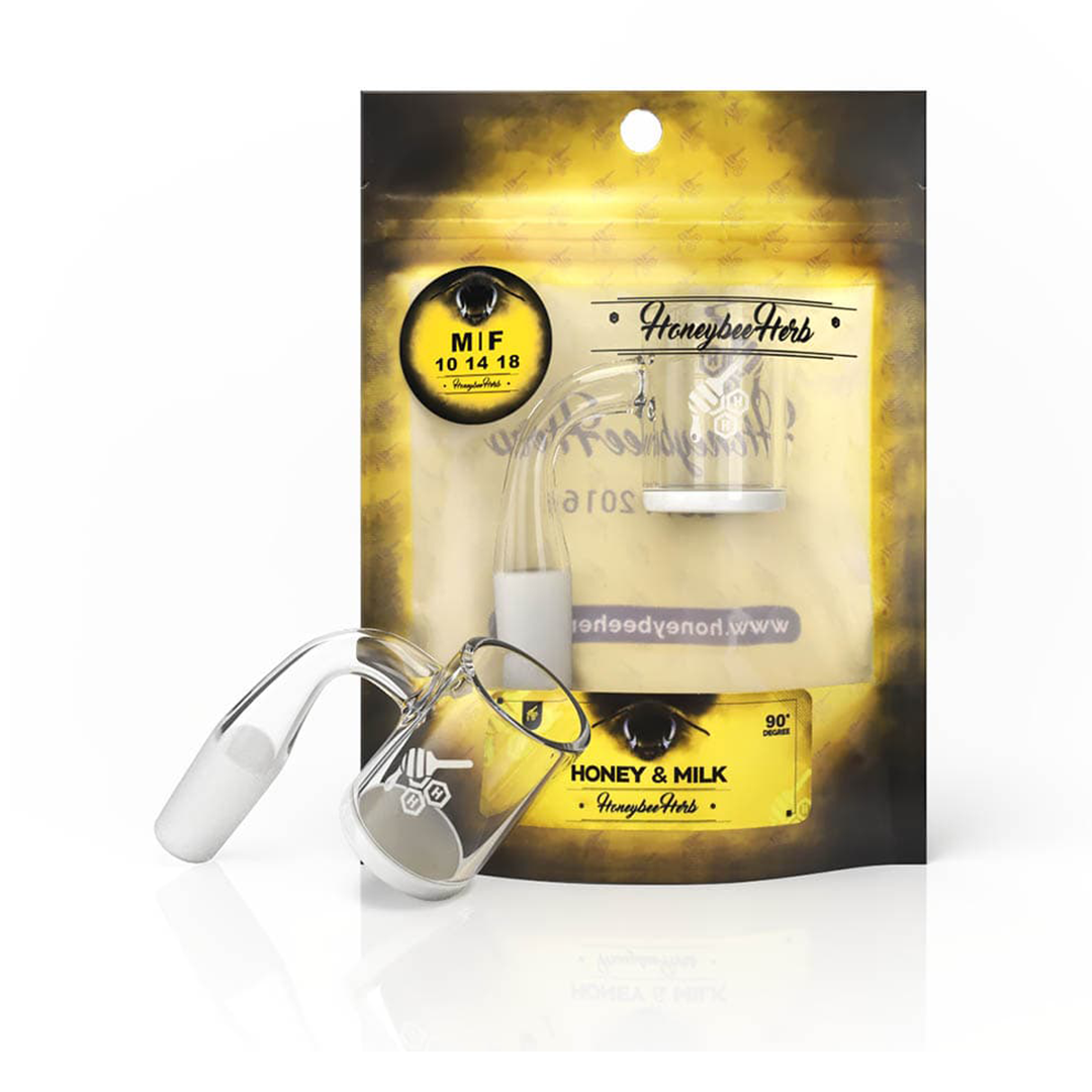 Honeybee Herb Bangers Yellow Line, 14MM-90 Degree Quartz Banger on Packaging