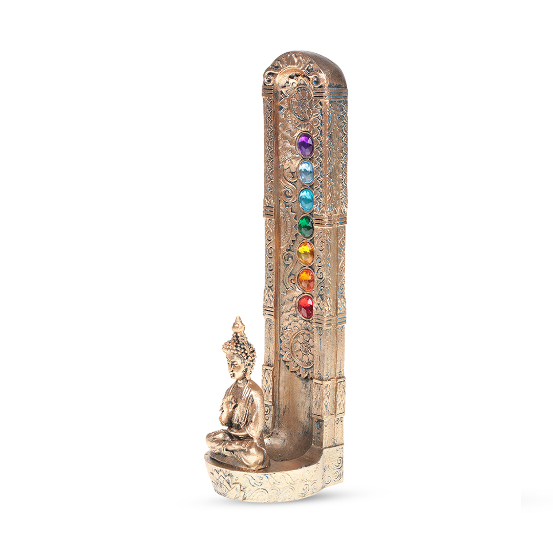 Fantasy Tower Incense Burner featuring Buddha with Chakra Stones, Polyresin, Front View