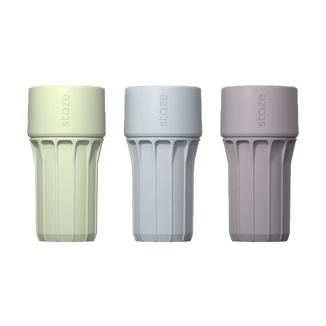 Staze Preserve Stash Jars in green, gray, and purple, front view on white background