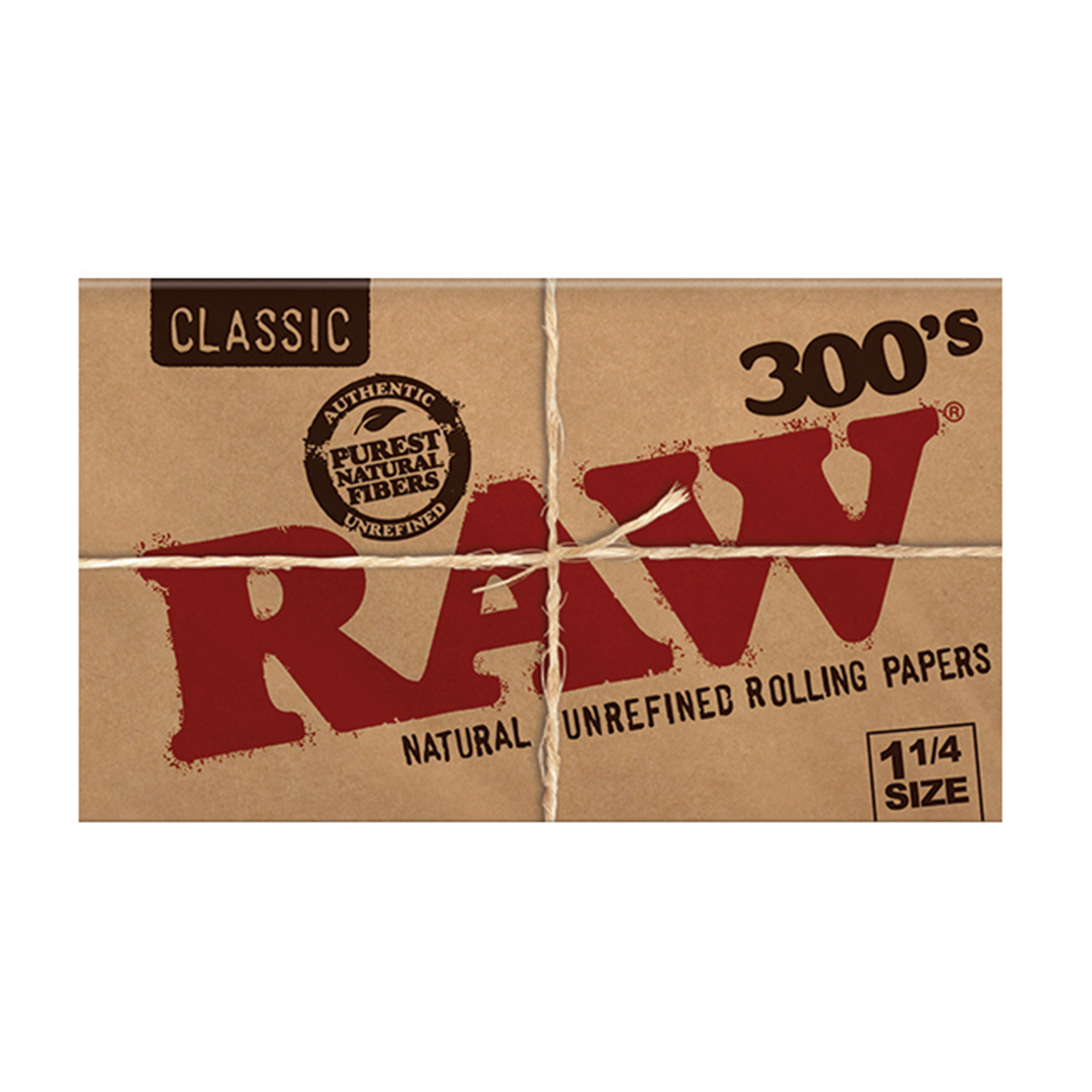 Front view of RAW Classic 300s 1 1/4 Size Rolling Papers pack tied with string
