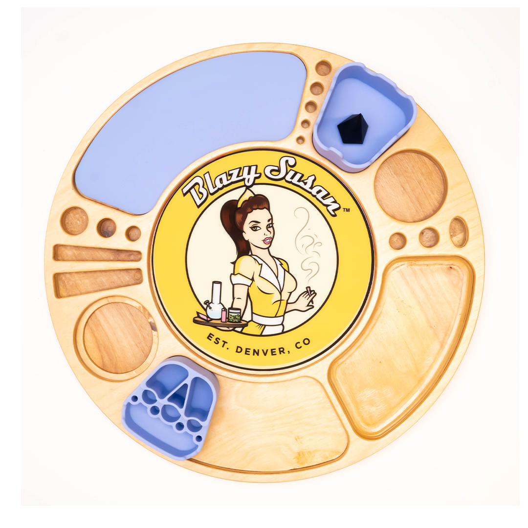 Blazy Susan Birch Spinning Rolling Tray in Purple - Top View with Compartments