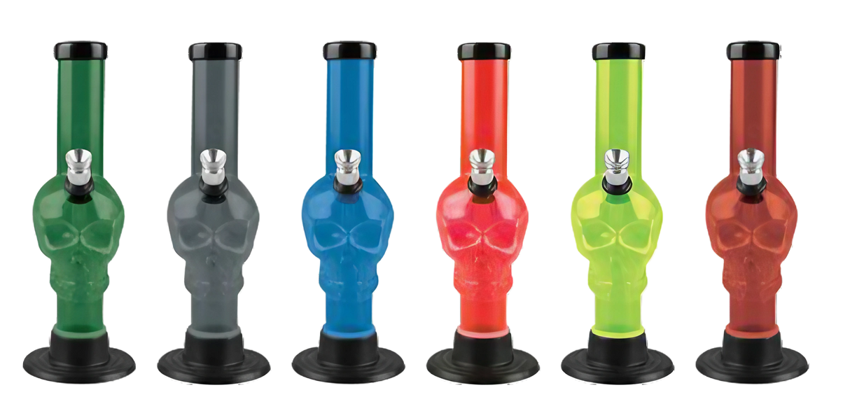 Colorful Acrylic Skull Water Pipes in a row, 6" tall, 2" diameter, for dry herbs, front view
