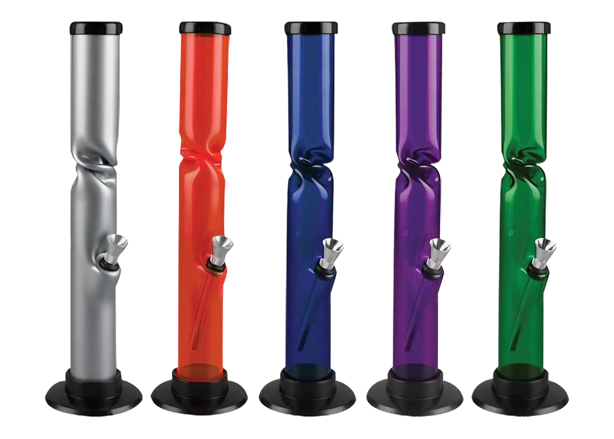 Assorted colors acrylic straight tube bongs with ice catcher and aluminum downstem, front view