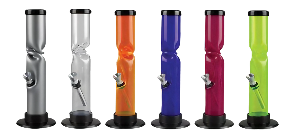 Assorted colors acrylic straight tube water pipes with ice catchers, front view on white background