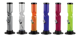 Assorted colorful acrylic straight tube water pipes with ice catchers, side view