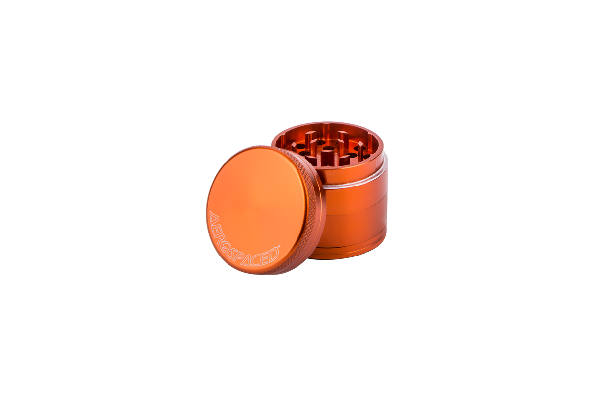 Aerospaced by Higher Standards 4-Piece Grinder in Orange, 1.6" Compact Design, Side View on White Background