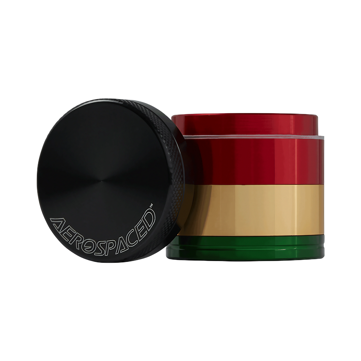 Aerospaced by Higher Standards 4-Piece Grinder in Rasta colors, compact 2.0" design, portable and durable