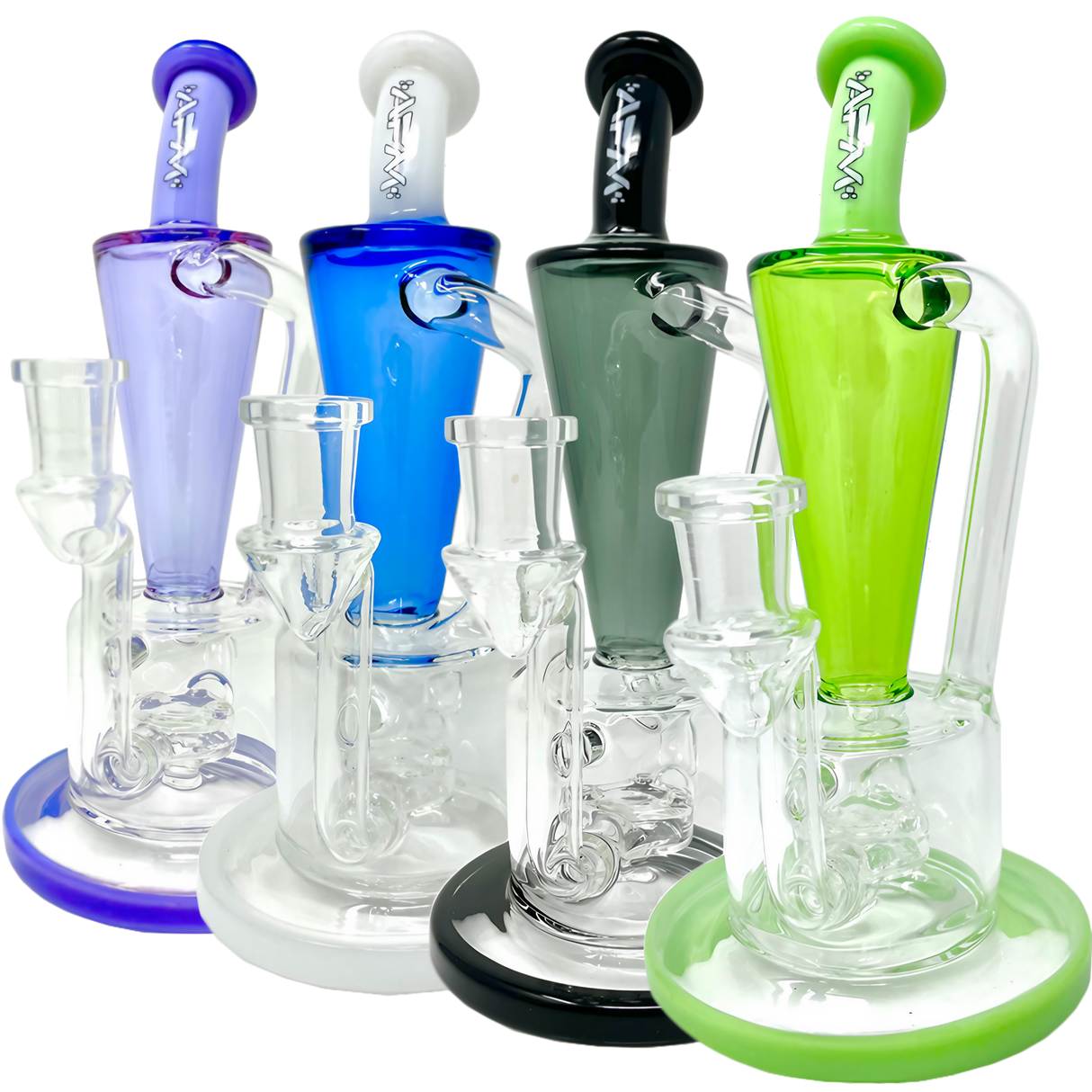 AFM Boomcycler 9" dab rigs in various colors with recycler percolator design, front view