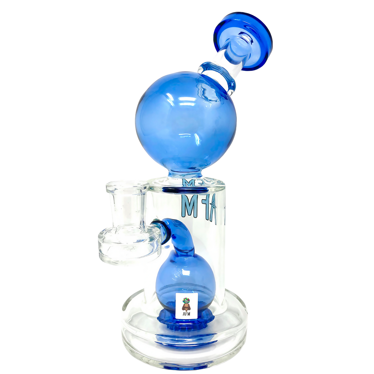 AFM Bubble Head Banger Hanger Dab Rig in Blue, 8" with Showerhead Percolator, Front View
