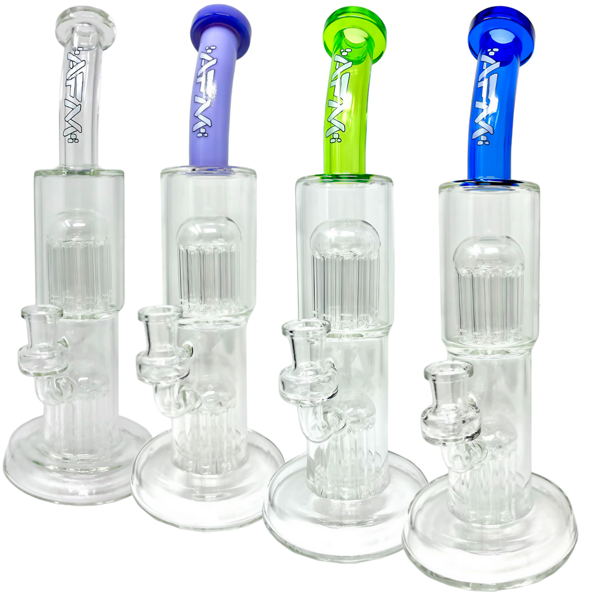 AFM Double Cosmos Rig bongs with percolator, 12" tall, in various colors, front view on white background