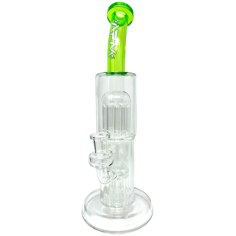 AFM Double Cosmos Rig 12" with clear borosilicate glass and green accents, featuring percolator and recycler design