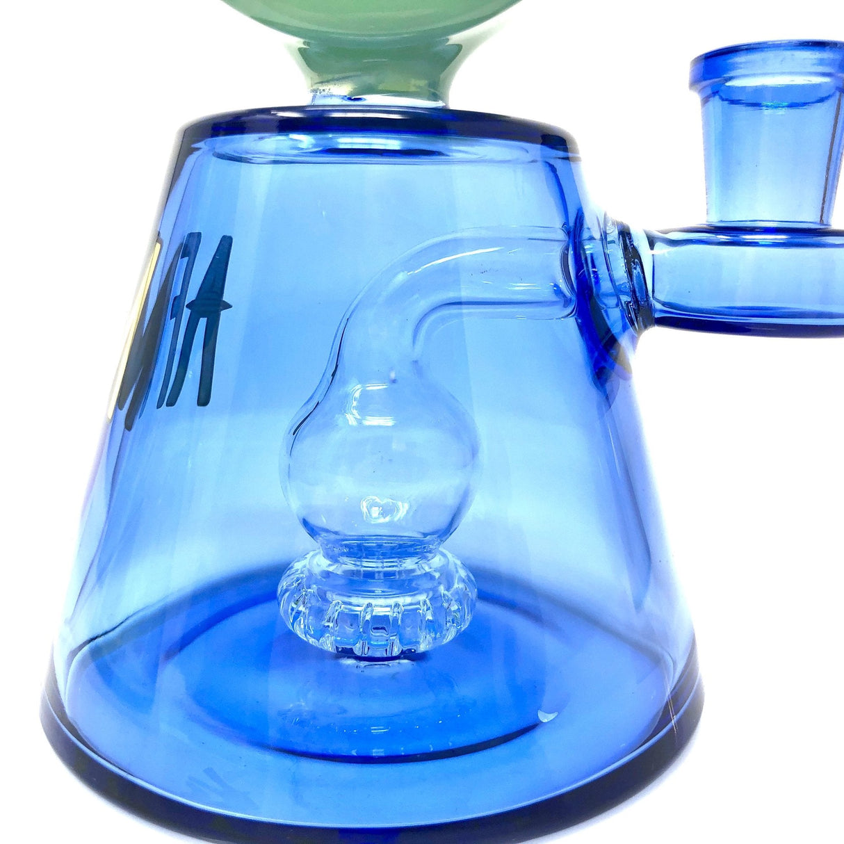 AFM Falcon Rig in blue with showerhead percolator, 14mm joint size, 7.5" height, angled side view