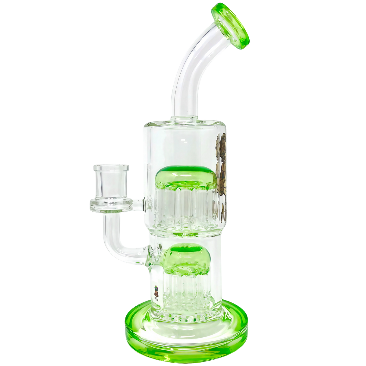 AFM Glass Double Tree Perc Dab Rig in Green, 9.5" with Dual Percolators, Front View