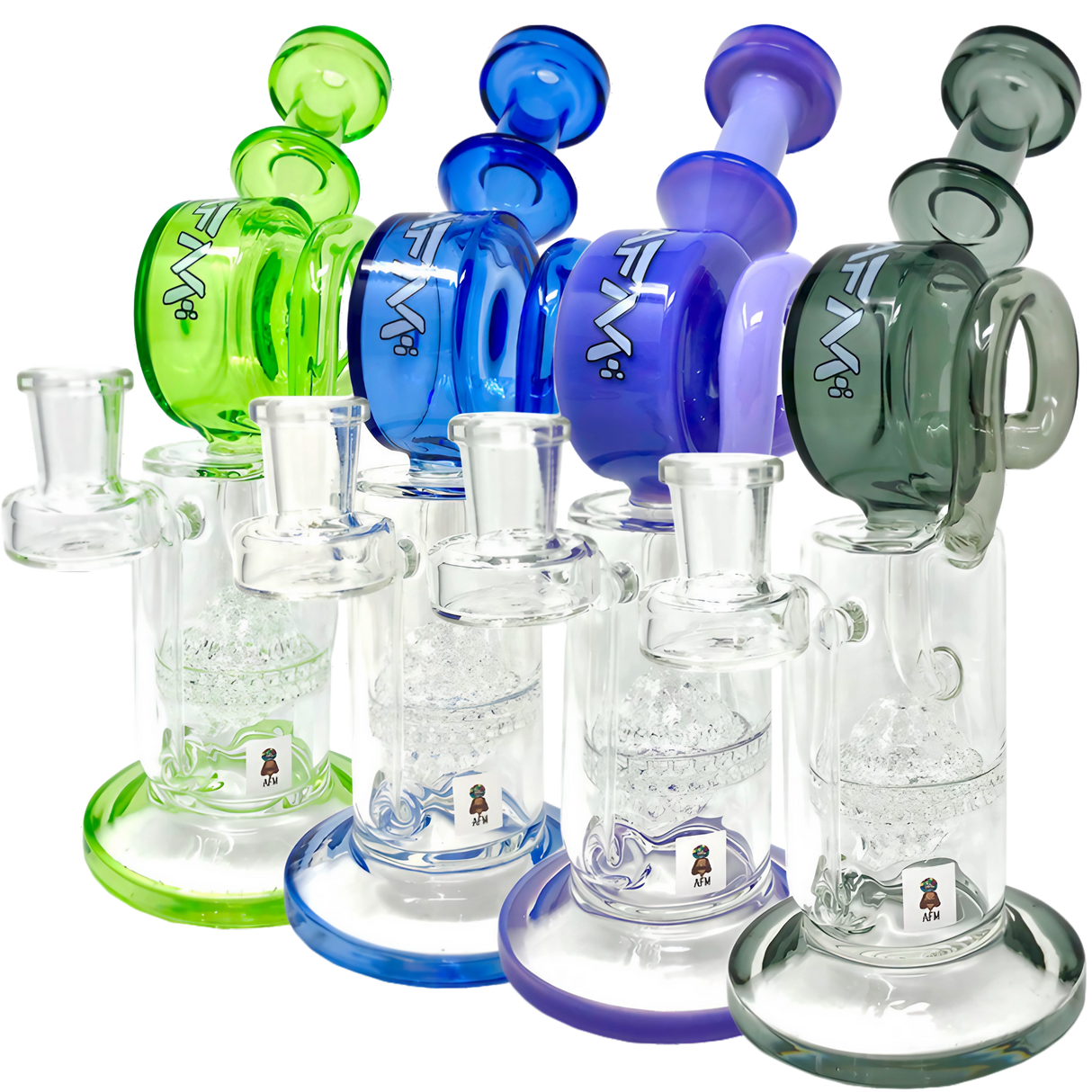AFM Glass Honey Bowl Recycler Dab Rigs in various colors with honeycomb percolator, 9.5" height