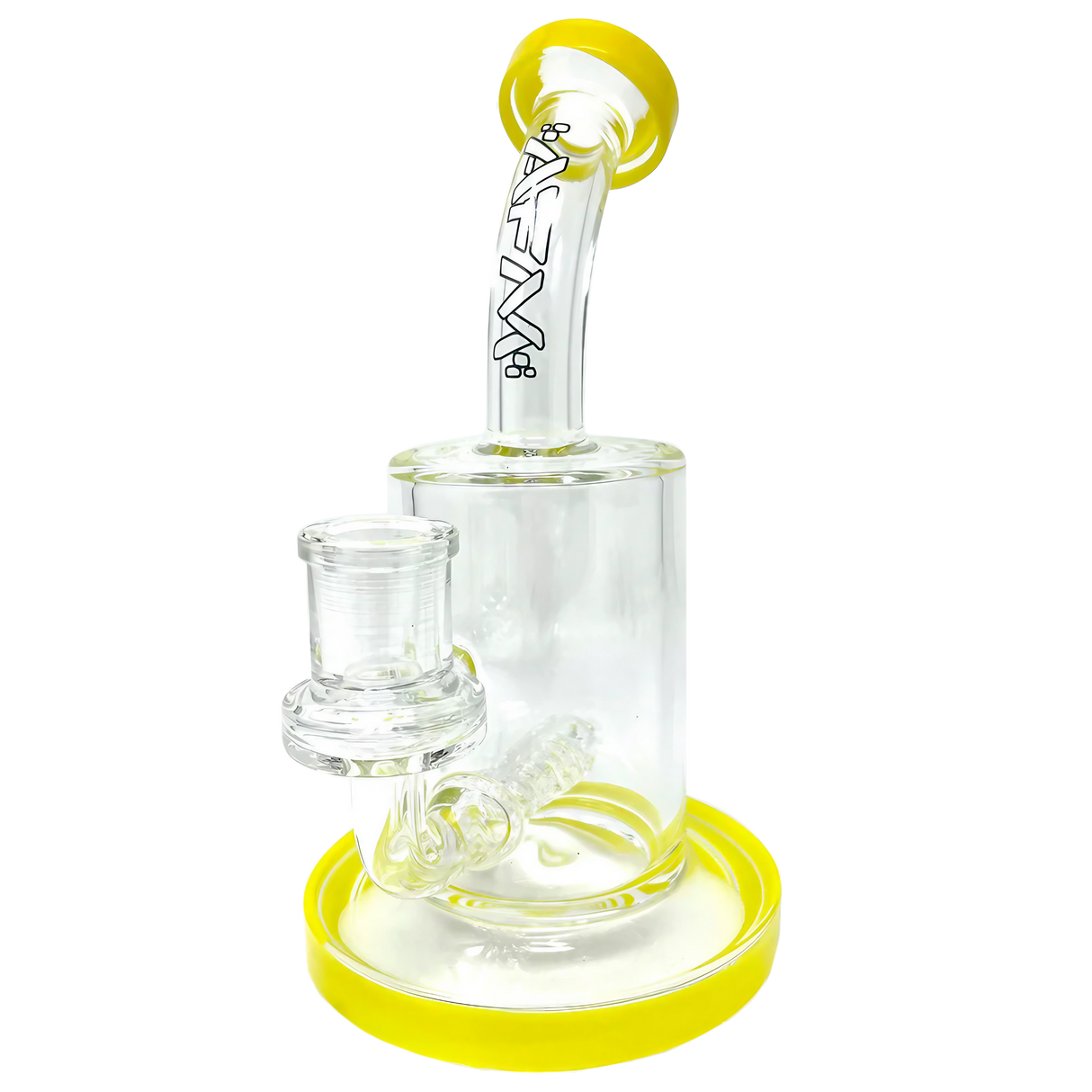 AFM Glass 7.5" Inline Matrix Rig with clear borosilicate glass and yellow accents, front view on white background