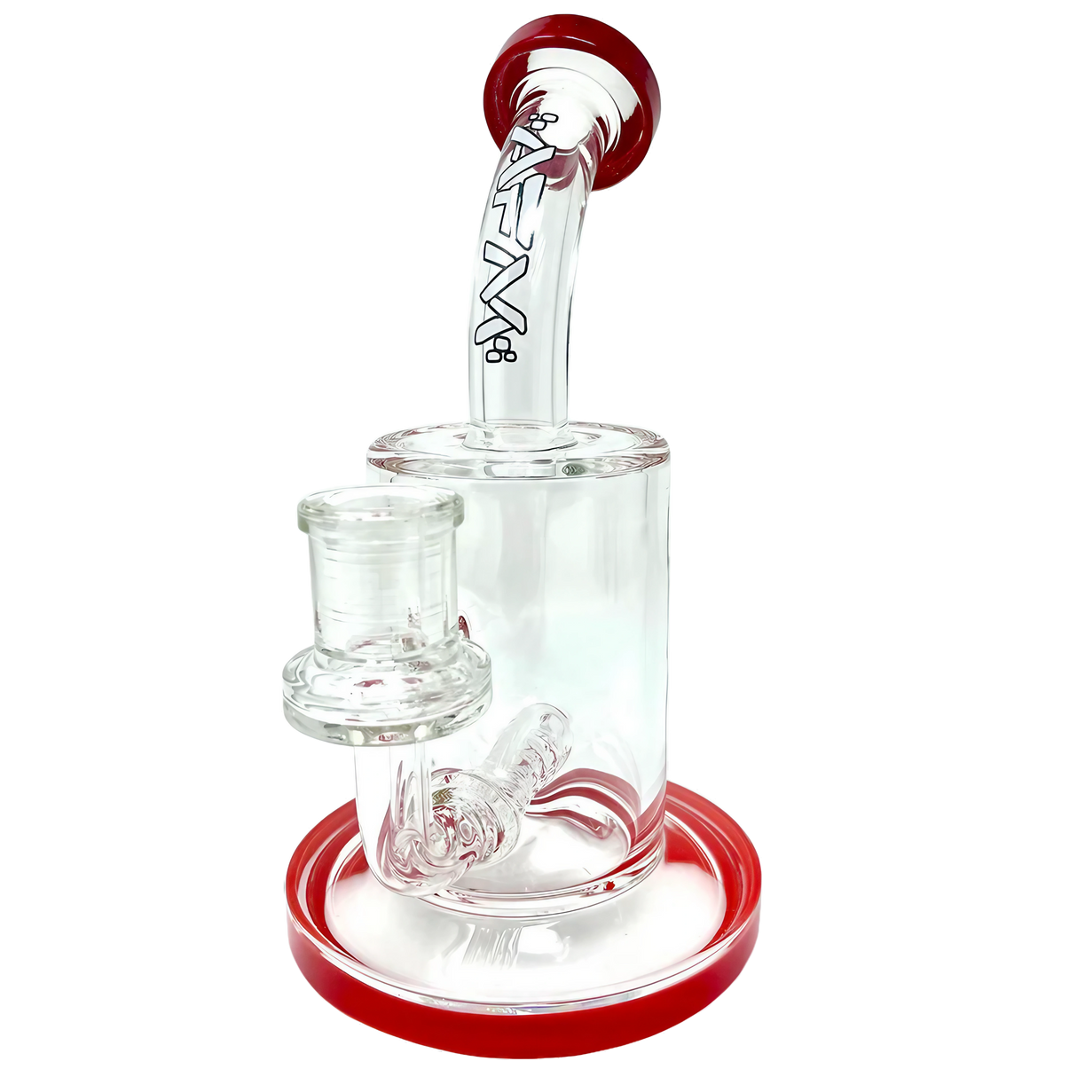 AFM Glass Inline Matrix Rig, 7.5" tall with clear borosilicate glass and red accents, front view on white background