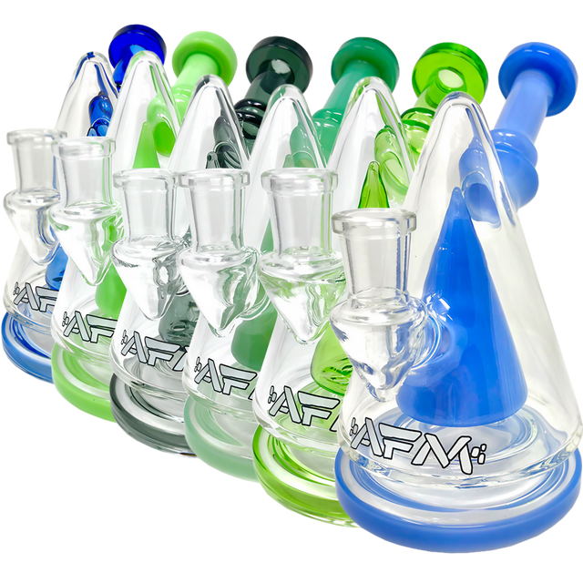 AFM Glass - The Cone Head Rig lineup in green and blue variants with banger hanger design