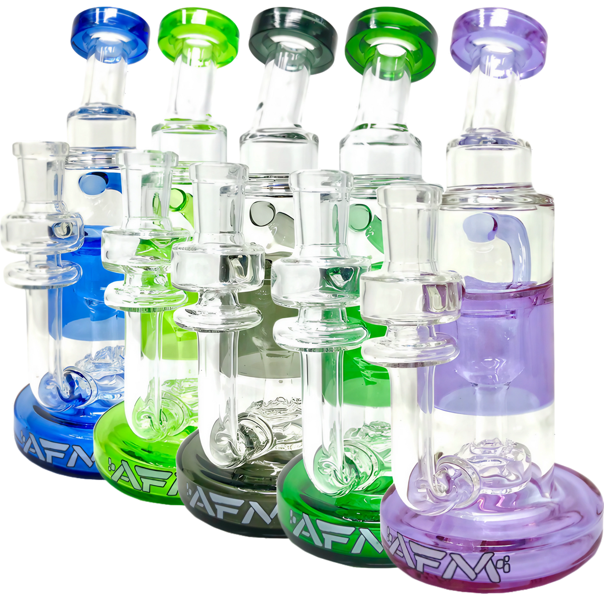 AFM Glass Power Incyclers in various colors, 8.5" tall with slit-diffuser percolator, front view