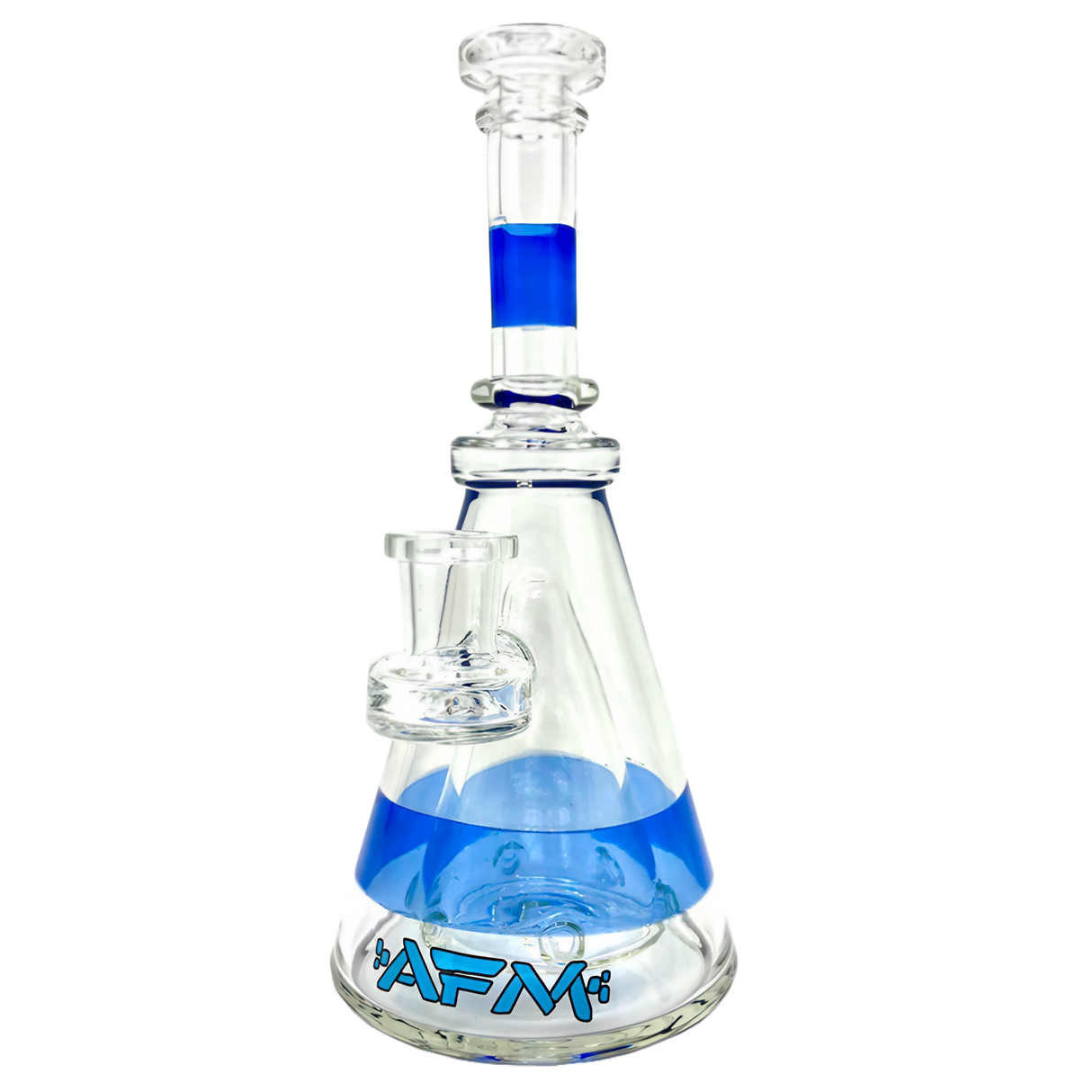 AFM Glass 8" Pyramid Rig with Blue Accents and Percolator, Front View on White Background