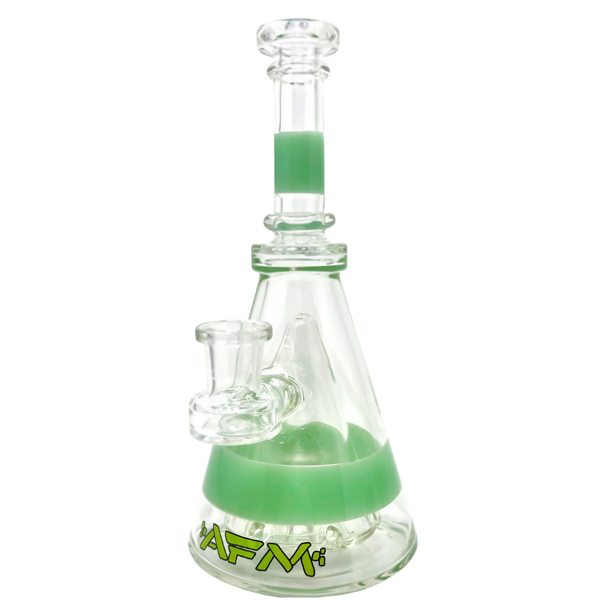 AFM Glass 8" Pyramid Rig with Percolator, Clear Borosilicate, Front View on White