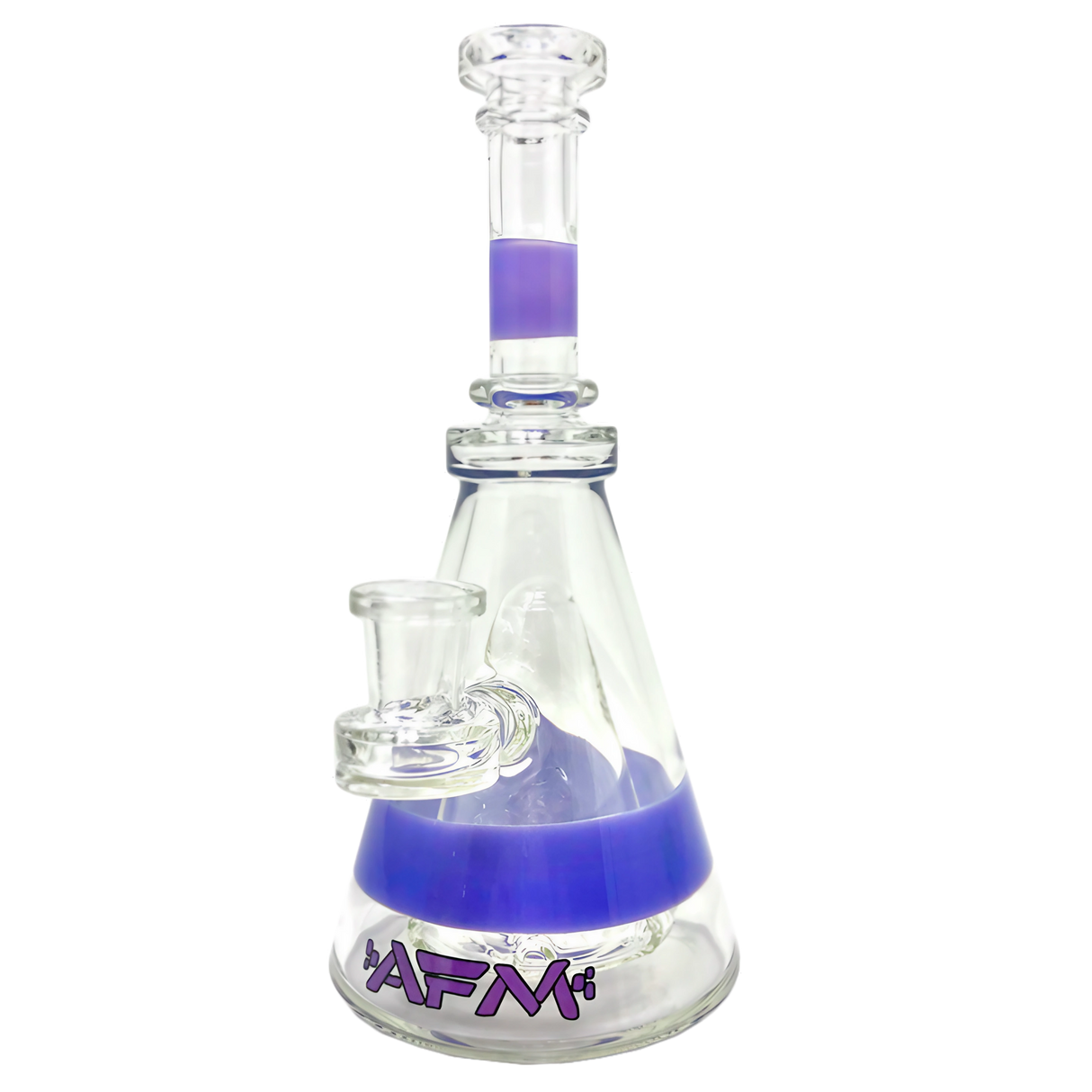 AFM Glass Pyramid Rig 8" clear borosilicate with purple accents and percolator, front view