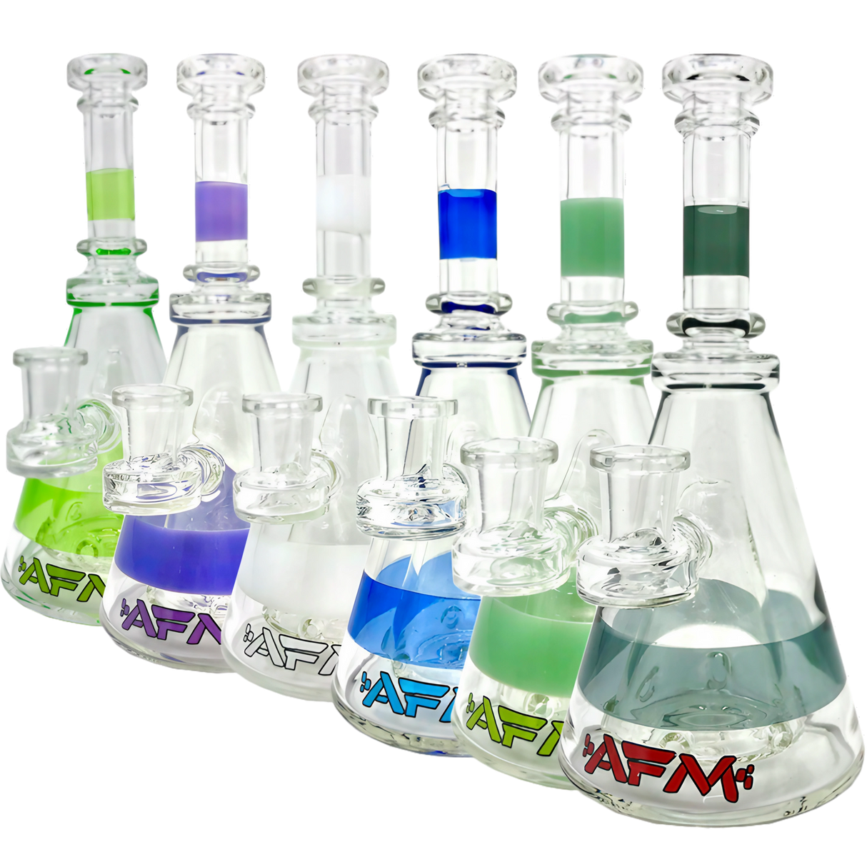 AFM Glass Pyramid Rigs in various colors with clear borosilicate glass and percolator, 8" height