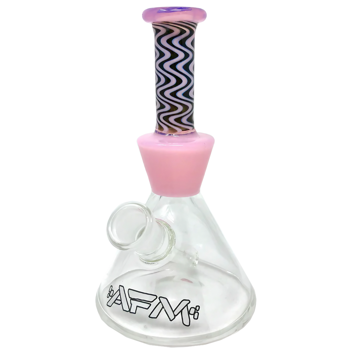 AFM Glass Trippy Mini Rig 6" with pink accents and wavy design, front view on white background