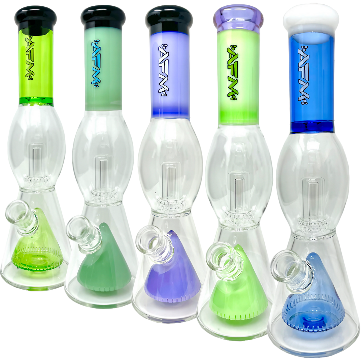AFM Pyramid UFO Beaker Bongs in blue, green, purple, slyme, front view with showerhead percolator