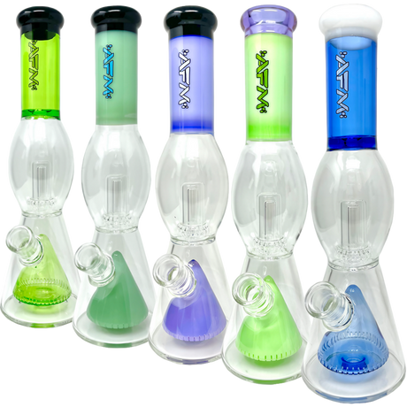 AFM Pyramid UFO Beaker Bongs in blue, green, purple, slyme, front view with showerhead percolator