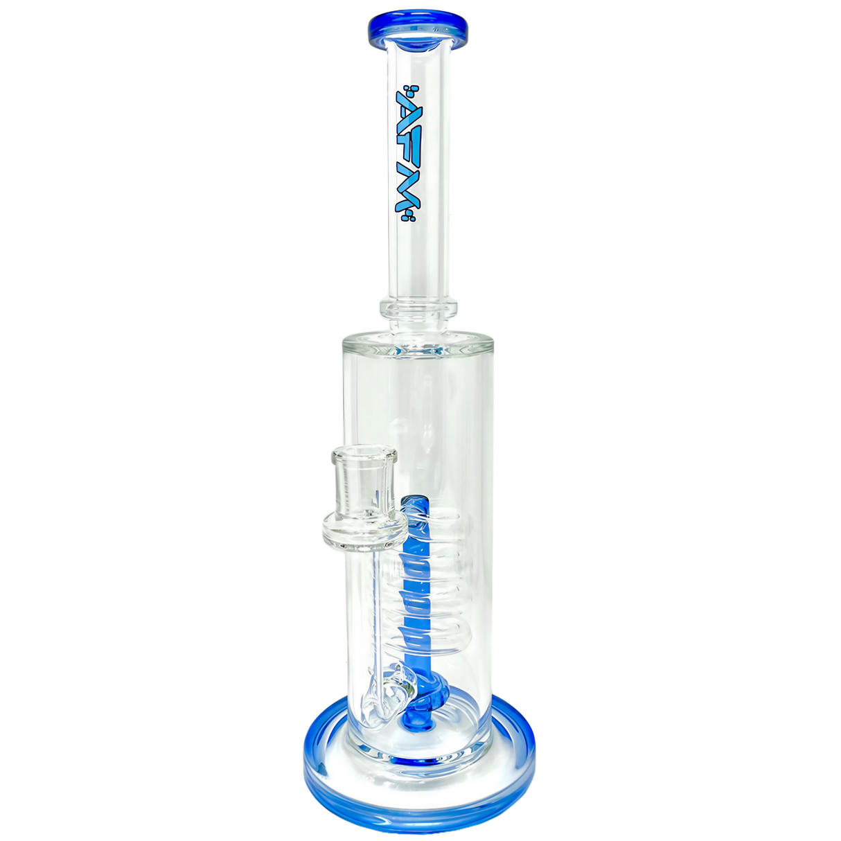 AFM 13" Clear Spiral Waterfall Rig with Blue Accents and Showerhead Percolator, Front View