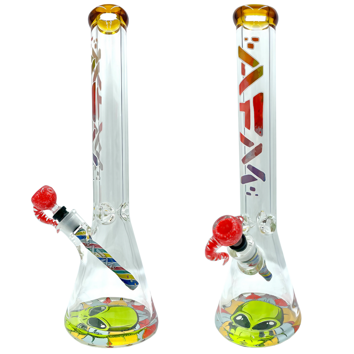 AFM The Color Blast 9mm Beaker Bong Set, 18" with vibrant design, front and side views