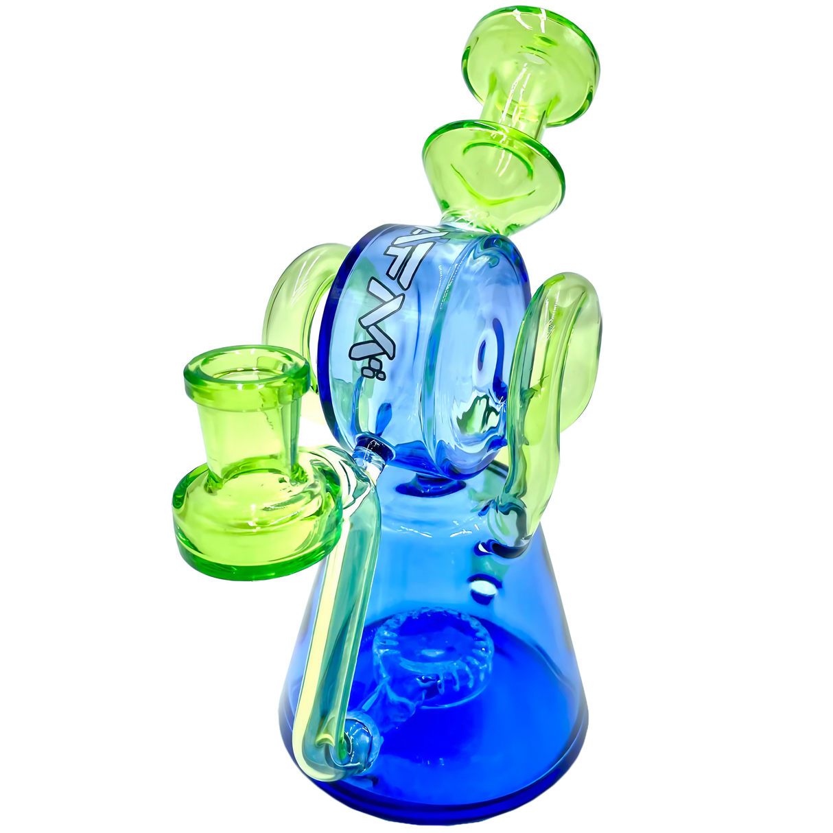 AFM 8" Double Ram Recycler Dab Rig, Clear and Blue Borosilicate Glass, Side View