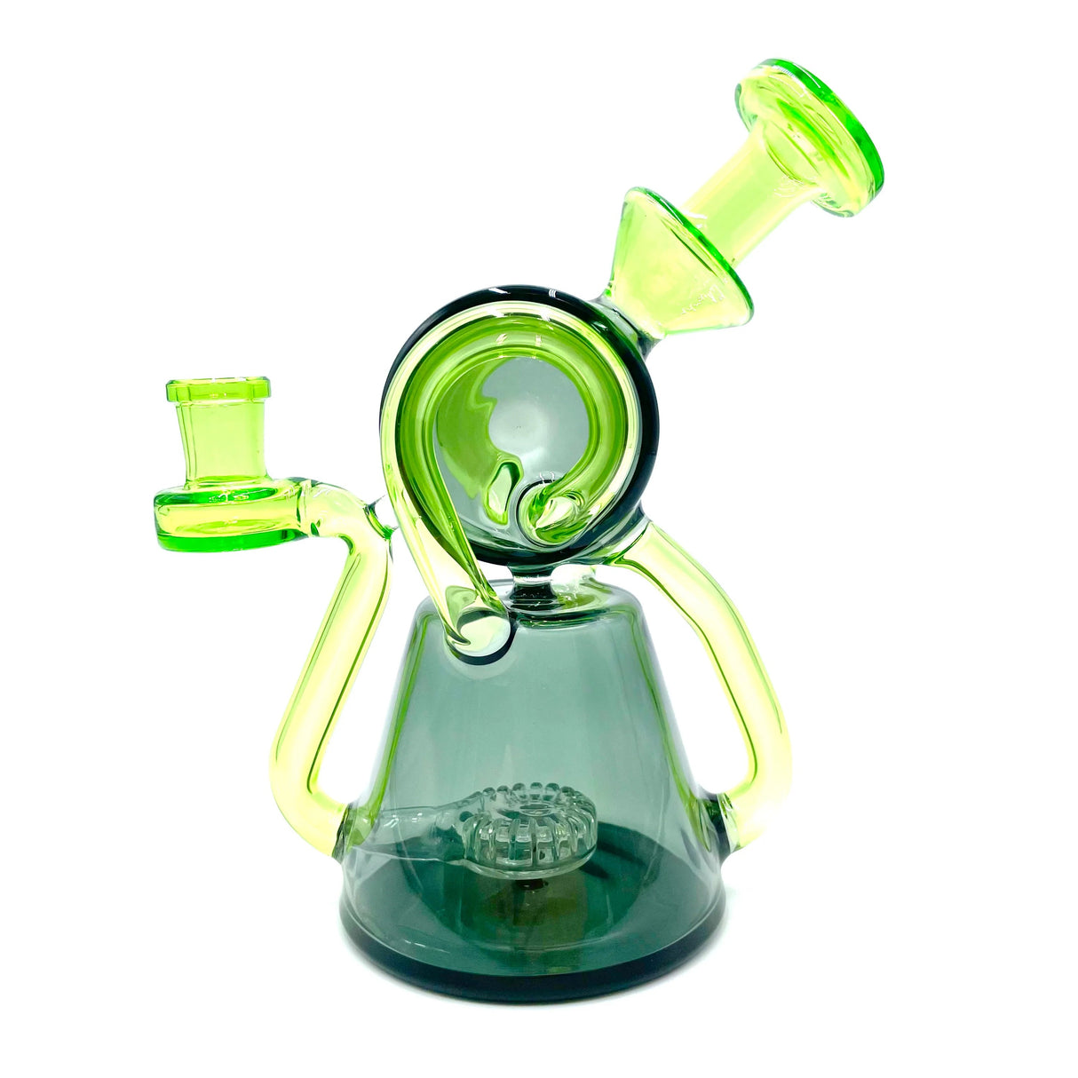AFM The Double Ram Recycler Dab Rig, 8" clear borosilicate glass with green accents, front view