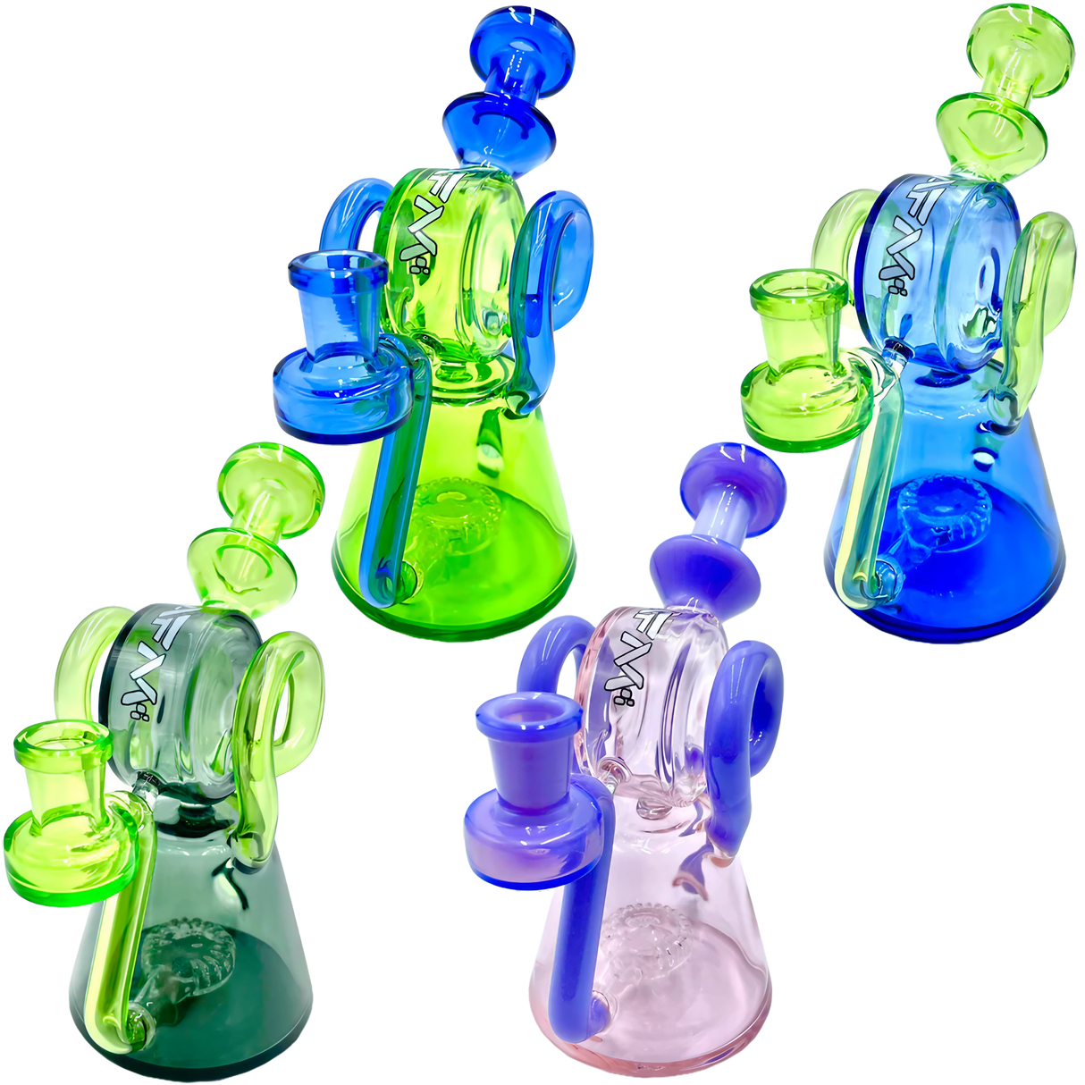 AFM Double Ram Recycler Dab Rigs in Clear, Blue, Green, Pink - 8" Borosilicate Glass