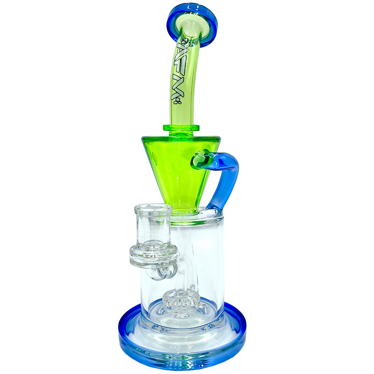 AFM The Drain Incycler Dab Rig in Lime/Blue, 10" with Showerhead Percolator, Front View on White
