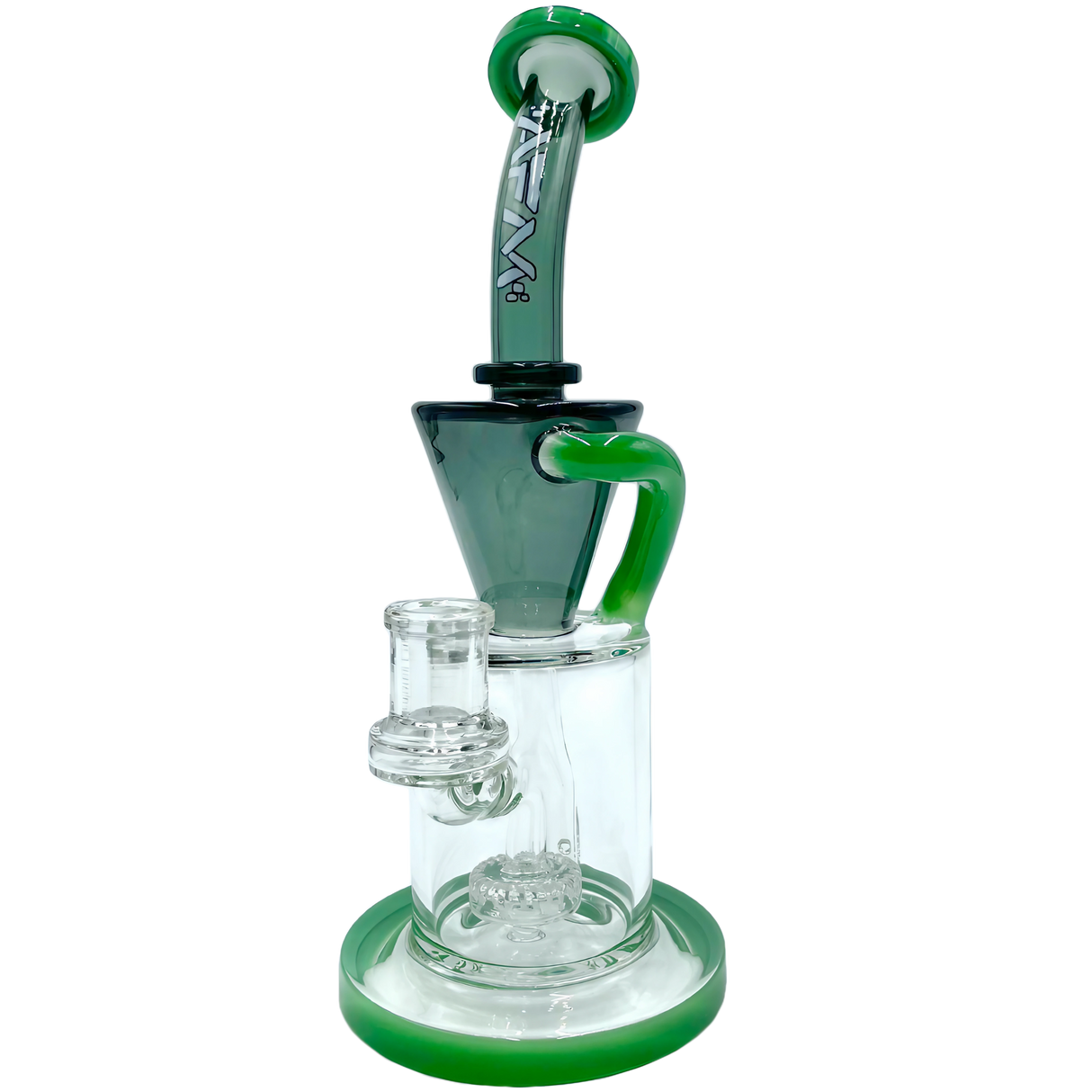 AFM The Drain Incycler Dab Rig in Smokey Green, 10" with Showerhead Percolator, 90 Degree Joint, Front View