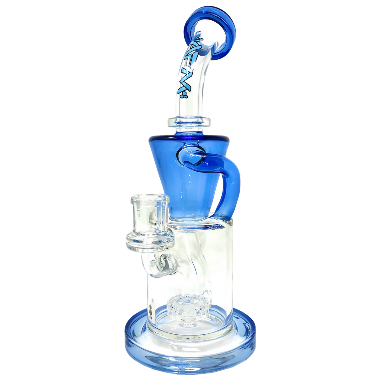 AFM The Drain Recycler Dab Rig, 10.5" with blue accents and in-line percolator, front view on white background