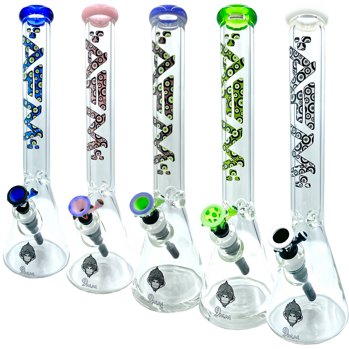 AFM The Evil Eye Beaker Set, 18" heavy wall borosilicate glass bongs with colorful eye designs