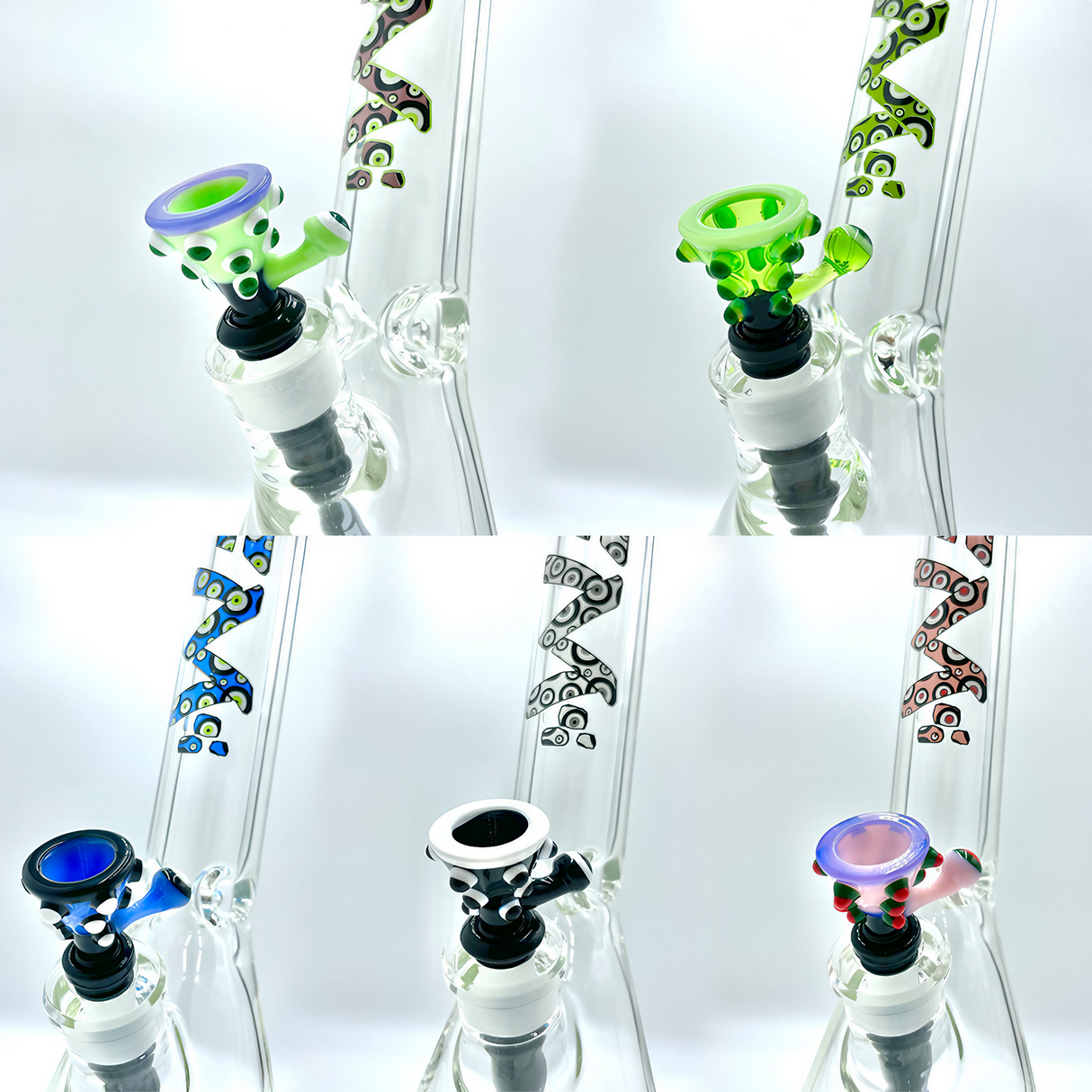 AFM The Evil Eye Beaker Set with six colorful bowl designs, 18" heavy wall borosilicate glass, for dry herbs