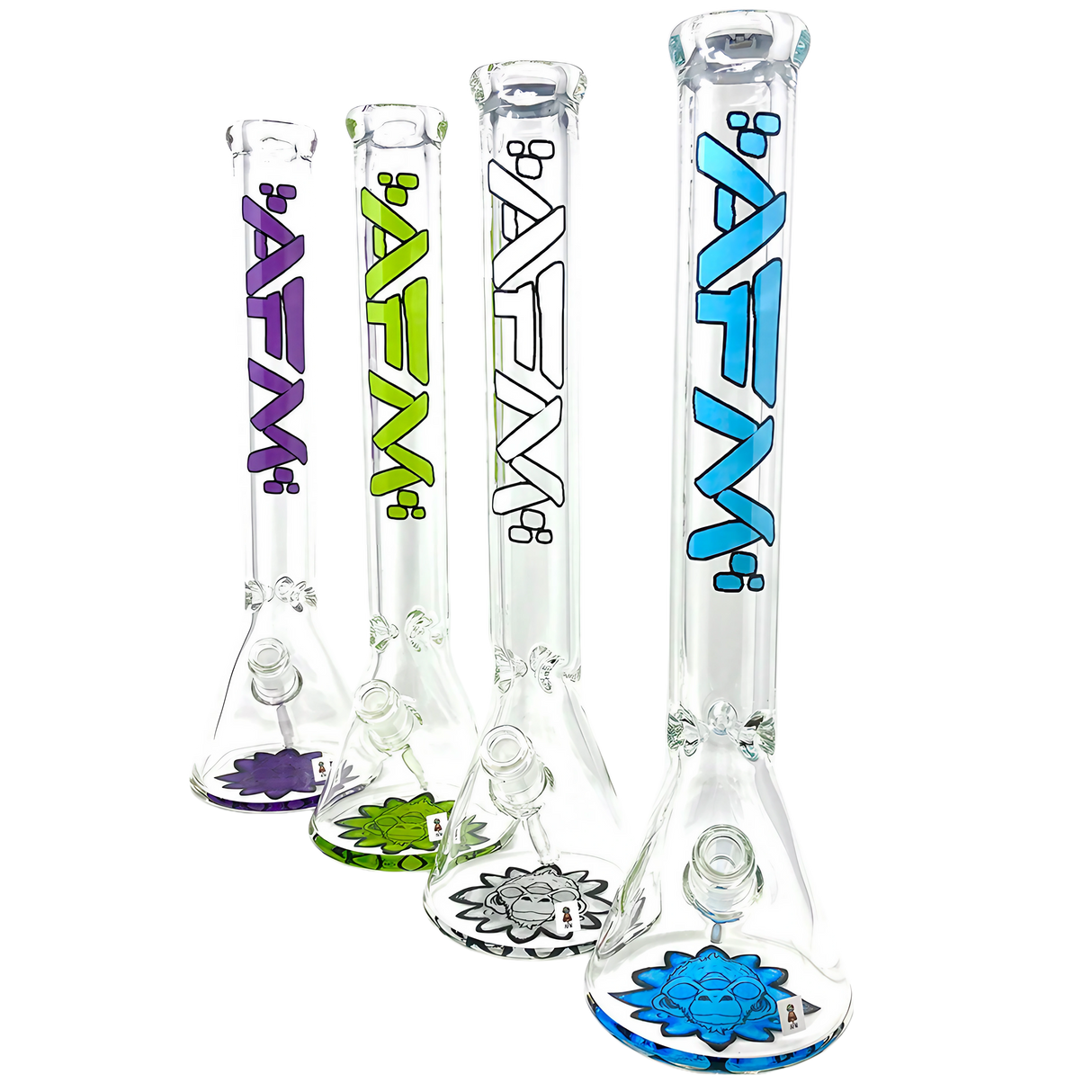 AFM The Flower Monkey 9mm Beaker Bongs in Clear with Colored Logos, 18" Height, Front View
