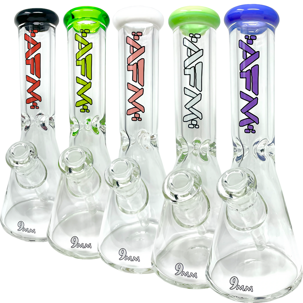 AFM The Heavy Boi Beaker Bongs with Colored Lips, 9mm Thick Borosilicate Glass, 12" Tall