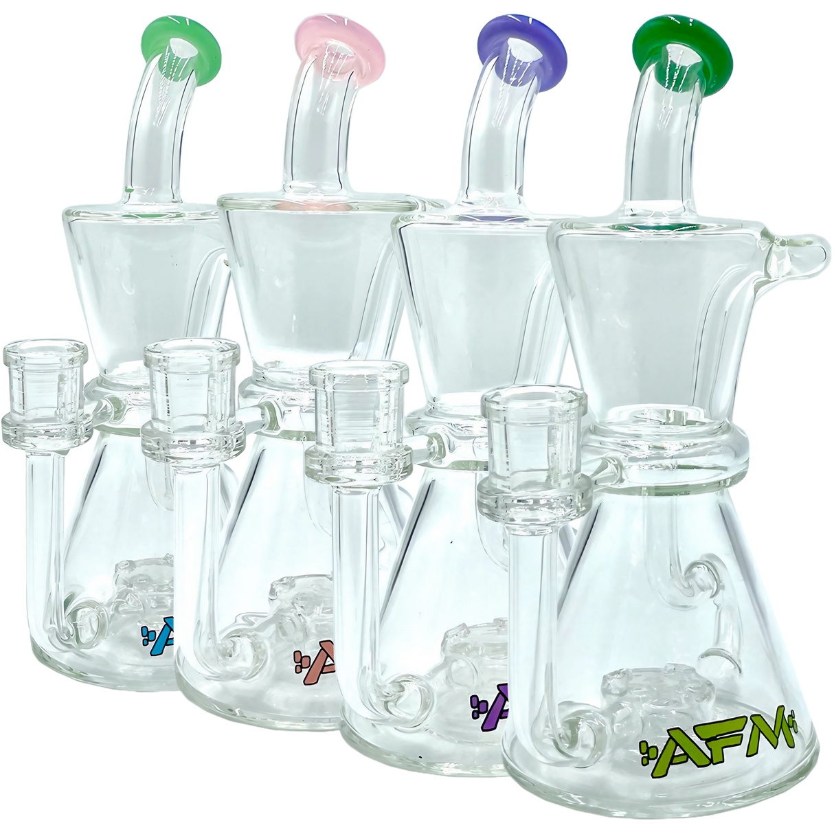 AFM The Hour Glass Recycler Dab Rigs, 8.5" with colorful mouthpieces, front view on white background