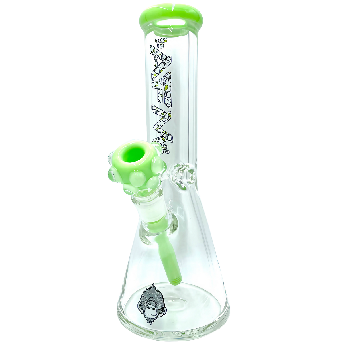 AFM The Icebreaker Beaker Bong Set in Slime Green, 12" Heavy Wall Clear Glass, Front View