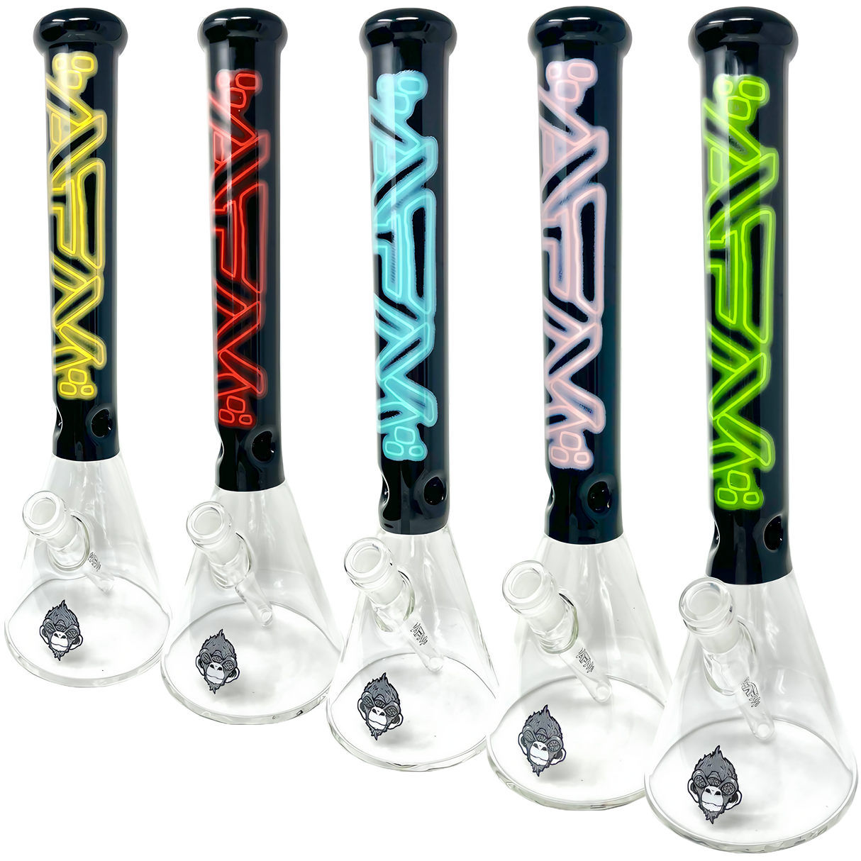 AFM The Neon Lights Beaker Bongs in Green, Red, Blue, Black, showcasing 16" height for dab rigs