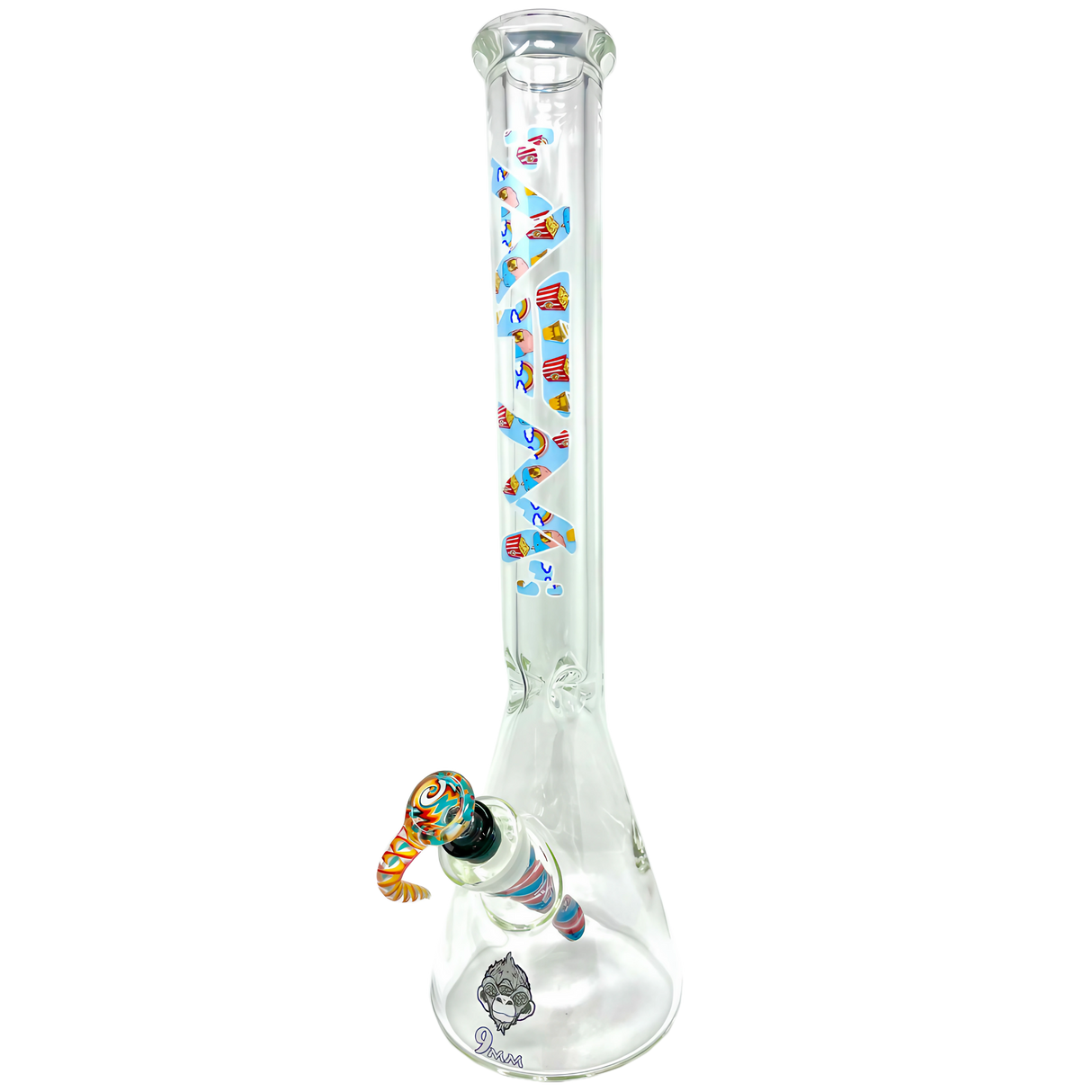 AFM The Popcorn & Rainbows 9mm Beaker Bong, 18" Borosilicate Glass, Front View with Colorful Design