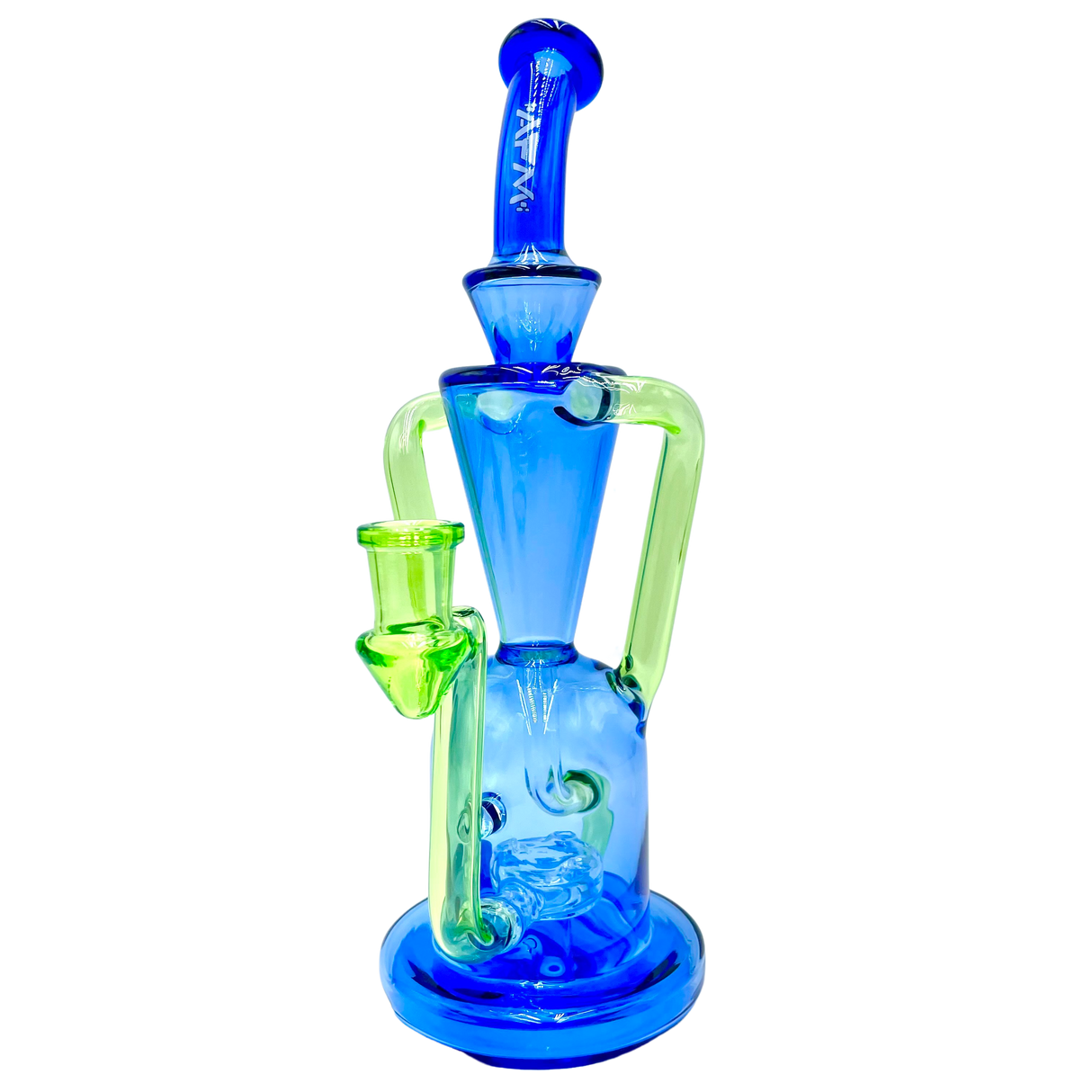 AFM The Poppy Recycler Dab Rig in Blue/Lime, 9" with Hole Diffuser Percolator, Front View