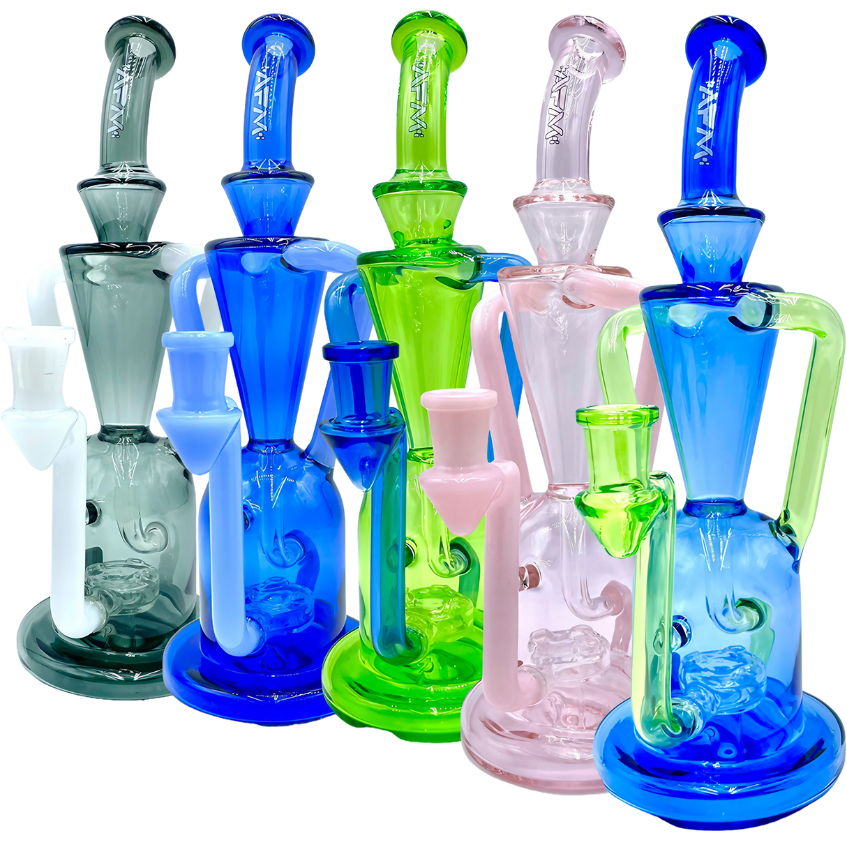 AFM The Poppy Recycler Dab Rigs in various colors with hole diffuser percolator, 9" tall