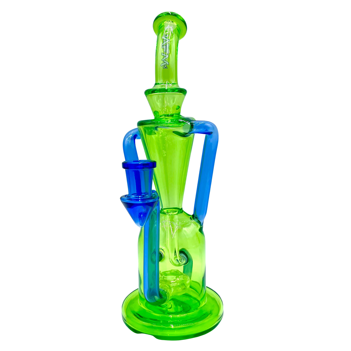 AFM The Poppy Recycler 9" Dab Rig in Lime/Blue with Hole Diffuser and Sturdy Base - Front View